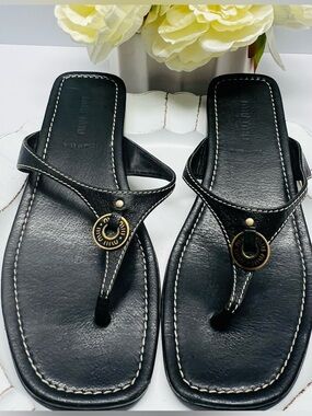 MIU MIU Black Leather Logo Thong Sandals EU 38.5 (US 8.5) Made in Italy